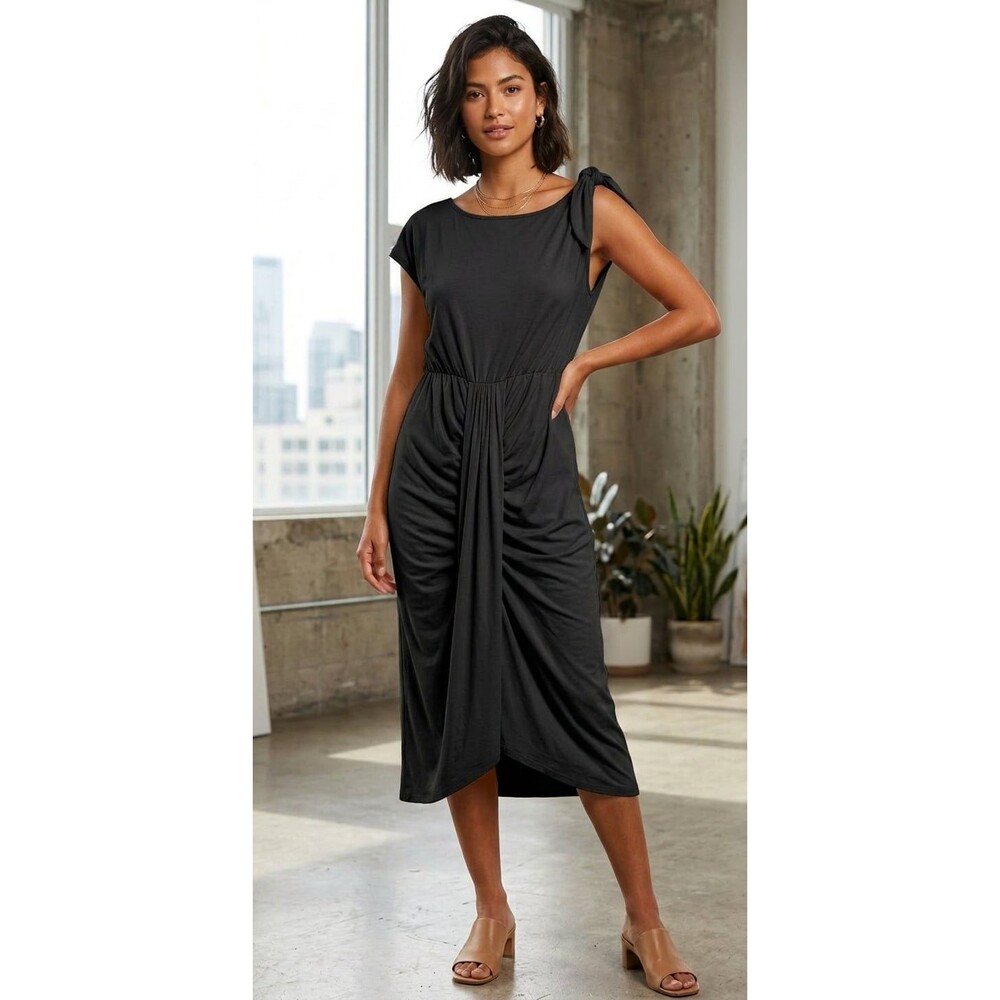 Crew Neck Cap Sleeve Ruched Draped Midi Sheath DressBoutique Dress